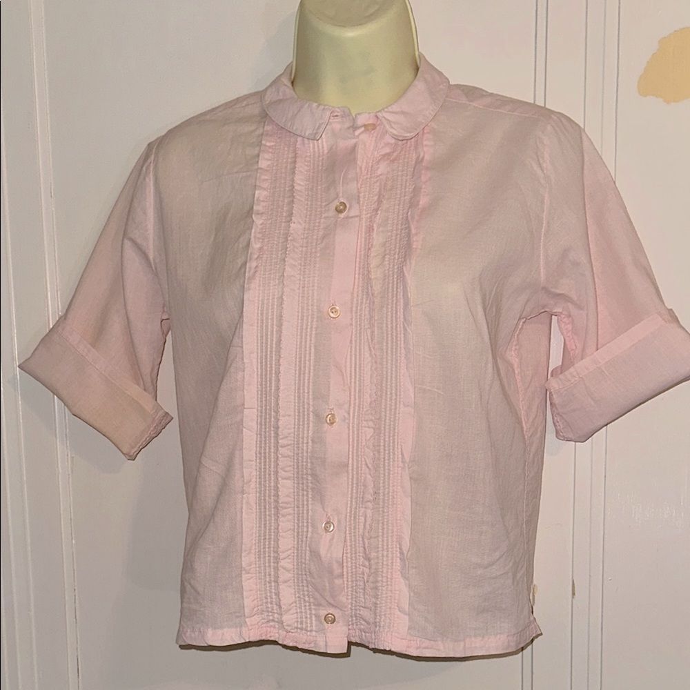 Vintage 60s Smart Lady Brand Pink Thin Cotton Pleat Front Short Sleeve Shirt
